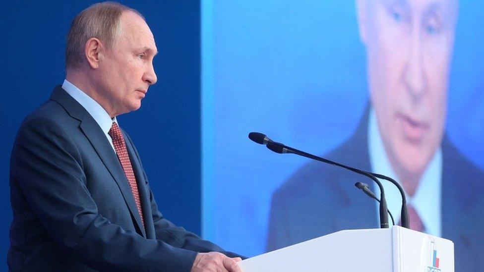 Russian President Vladimir Putin attends a convention of the Russian Union of Industrialists and Entrepreneurs (RSPP) in Moscow, Russia, on 17 December 2021