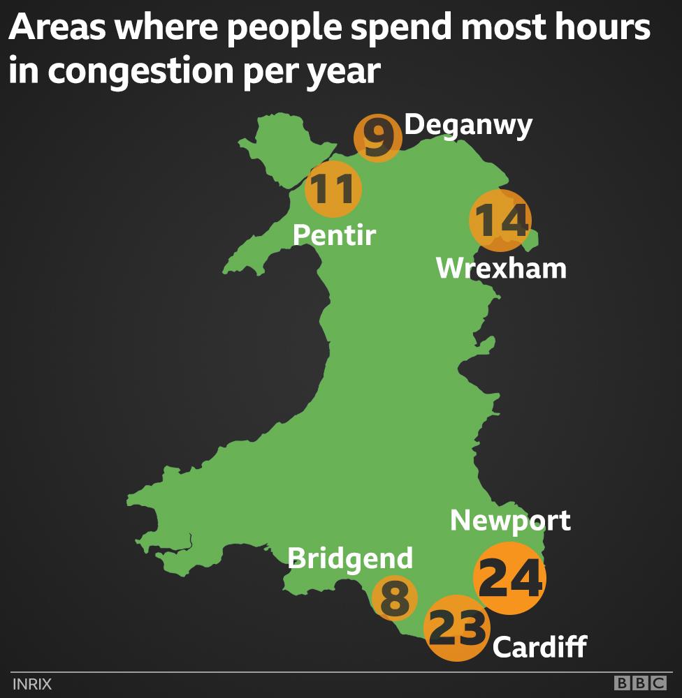 This map of Wales shows the most congested places by how many hours drivers spend in traffic jams