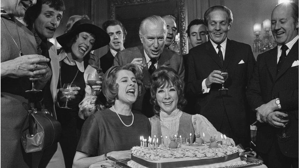 The cast of the long-running Agatha Christie play 'The Mousetrap' celebrate the production's 20th year, London, UK, 24th November 1972. At the front are actresses Pamela Charles (left) and Alice Fraser (right). (Photo by Stan Meagher/Express/Hulton Archive/Getty Images)