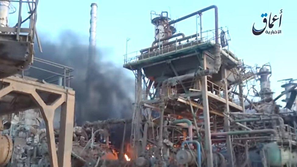 Screengrab from IS propaganda video showing Baiji oil refinery which was destroyed by IS as they retreated