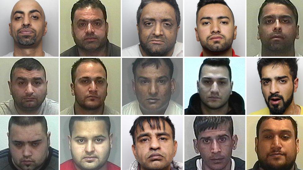 The men jailed are: (top l to r) Hedar Ali, Haider Ali, Khalid Zaman, Mansoor Akhtar, Sikander Ishaq (middle l to r) Mohammed Ramzan, Haaris Ahmed, Tahir Mahmood, Taukeer Butt, Amaar Ali Ditta (bottom l to r) Talib Saddiq, Azeem Subhani, Mohammed Ali Ahmed, Aftab Hussain, Sikander Malik