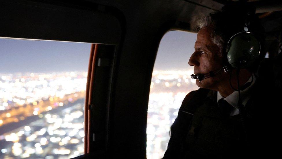 U.S. Secretary of State Antony Blinken departs the International Zone via helicopter after meeting Iraqi Prime Minister Mohammed Shia' Al Sudani in Baghdad, Iraq