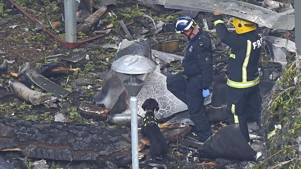 Firefighters with a sniffer dog