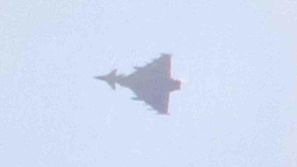 RAF Typhoon jet after it escorted an Air India Boeing 777 to London Stansted Airport