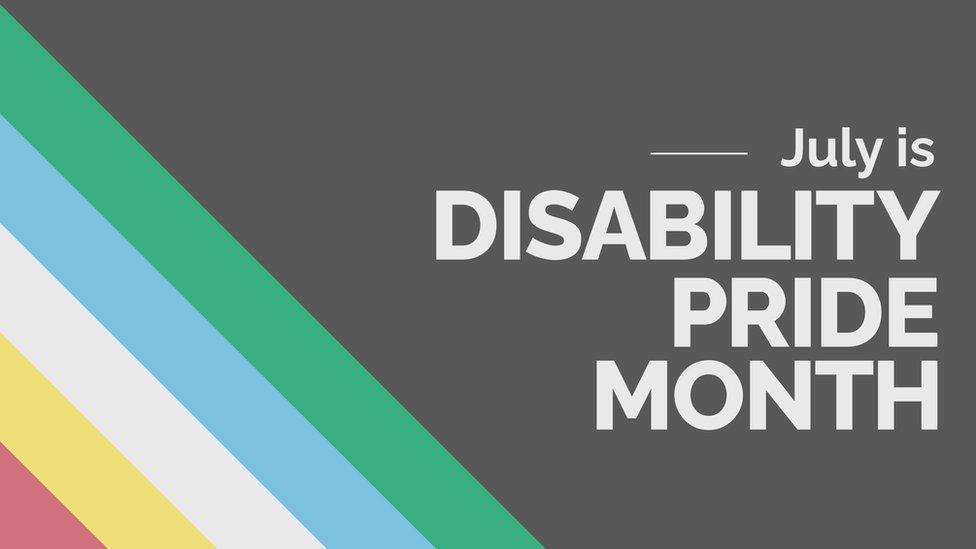 Disability Pride Flag with the words July is Disability Pride Month