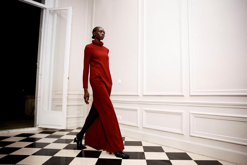 A model presents a creation by designer Rabih Kayrouz as part of his Haute Couture Spring/Summer 2023 collection show for fashion house Maison Rabih Kayrouz in Paris, France, January 23, 2023.