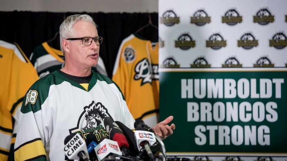 Rob Meunch speaks at press conference in Humboldt arena on Saturday