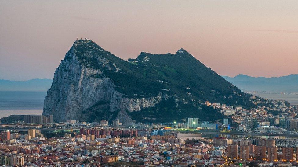 View of the Rock of Gibraltar as seen from the Sierra Carbonera Mountains of Cadiz, Spain.