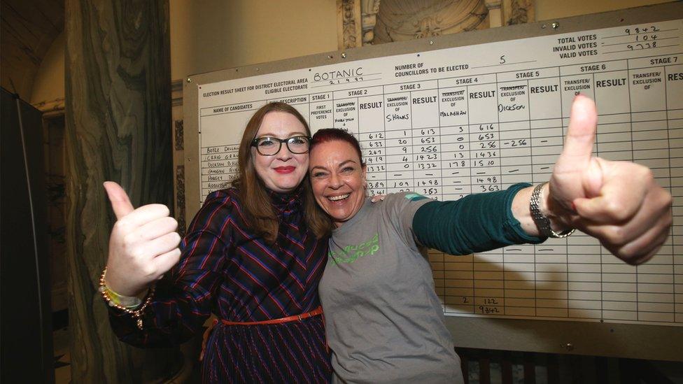 Áine Groogan celebrates with Green Party leader Clare Bailey in Belfast