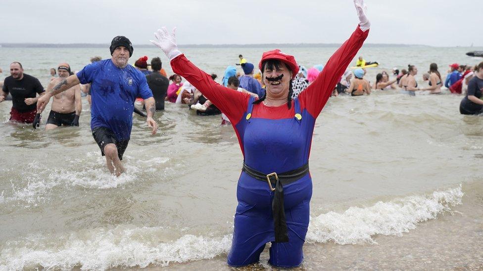 Gosport swimmers in fancy dress on New Year's Day