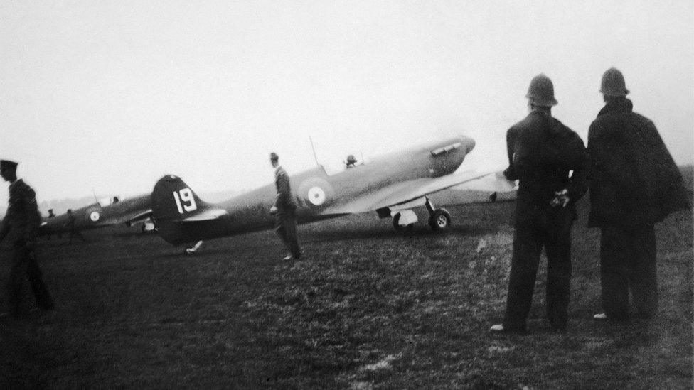 Duxford’s Spitfires at the opening of Marshall’s aerodrome, Cambridge, 14 October 1938. This was the first public appearance of the aircraft