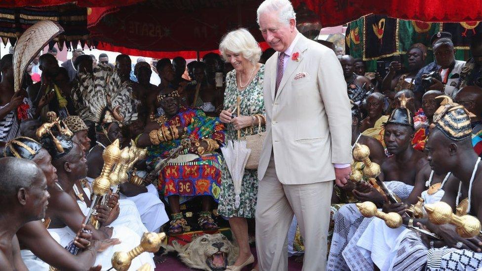 Prince Charles, Prince of Wales and Camilla, Duchess of Cornwall meet with King Otumfuo Nana Osei Tutu II at a Durbar and Tea with the Asantehene at Manhiya Palace on November 4, 2018 in Kumasi, Ghana