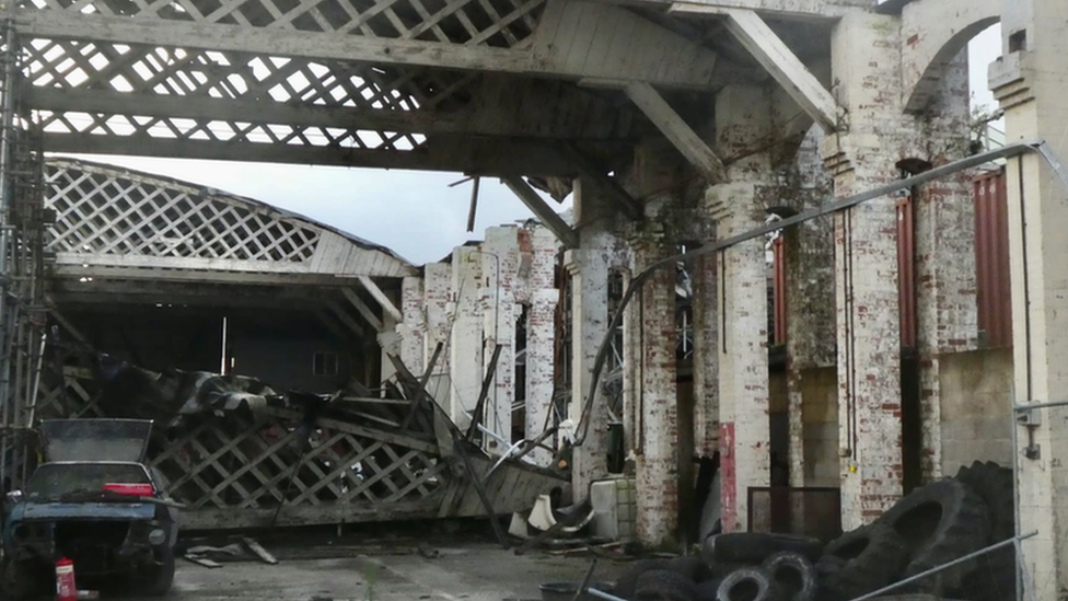 Photo of collapsed World War One aviation hangar