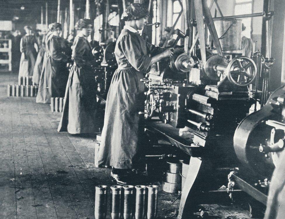 Girl munition workers at their lathes in a Scottish mill, c1914