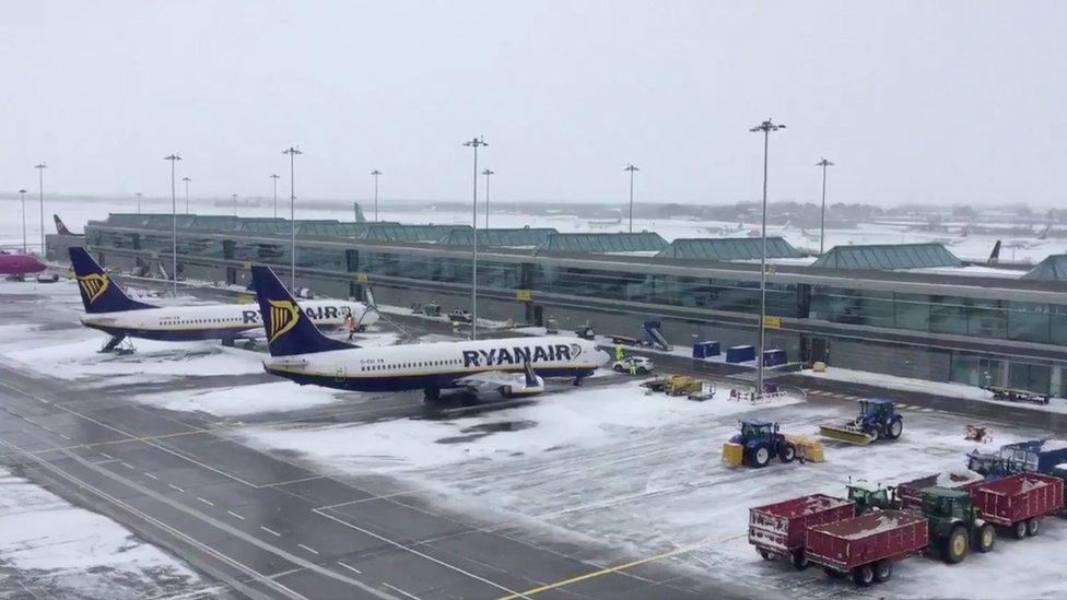 The Dublin Airport is seen covered with snow, in Dublin