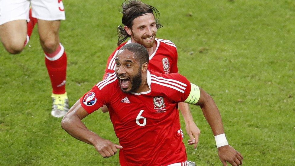 Wales Ashley Williams celebrates scoring an equalizer during the Euro 2016