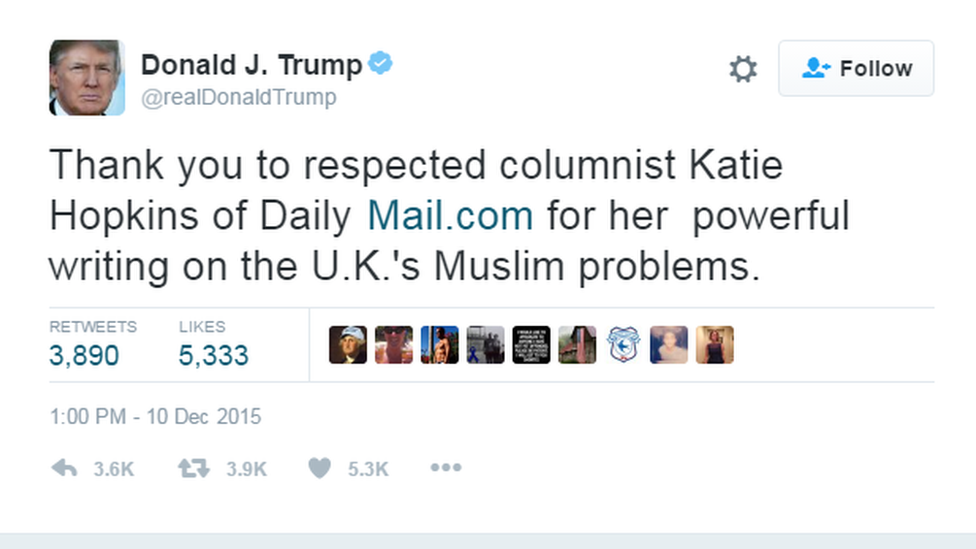 Donald Trump tweets Katie Hopkins