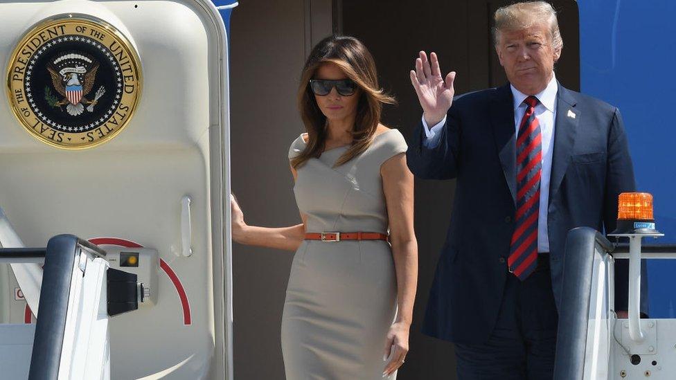 President Donald Trump and First Lady Melania Trump arrive at Stansted Airport