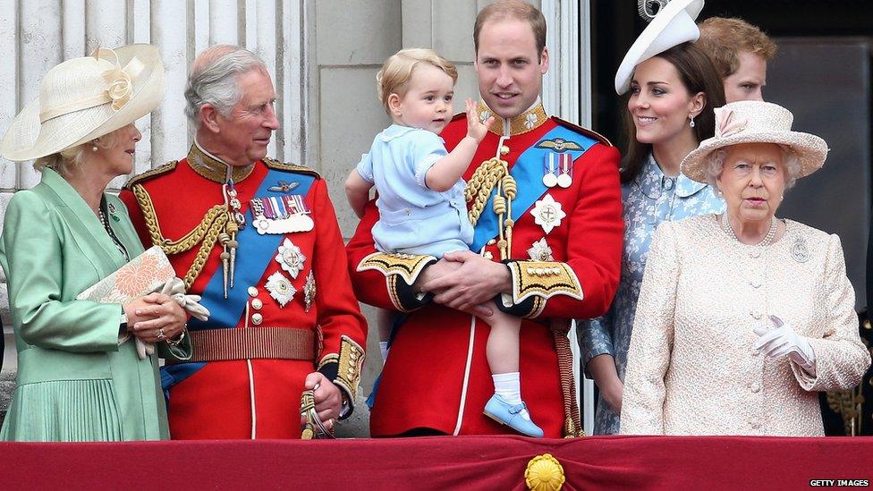 The Duchess of Cornwall, Prince Charles, Prince George, Prince William, Duchess of Cambridge and Queen Elizabeth II on the Buckingham Palace balcony