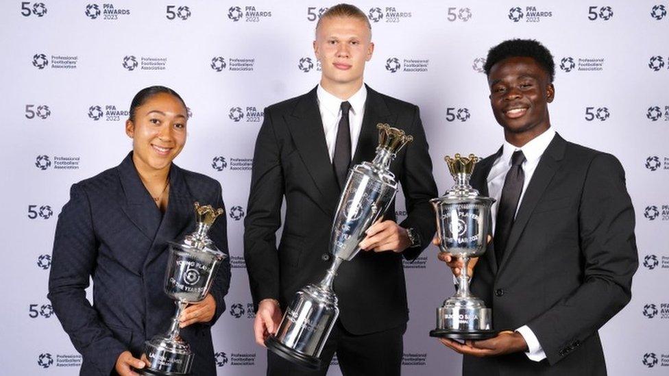 James, Haaland and Saka with their awards