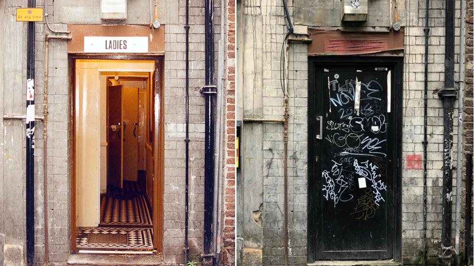 Former women's toilets on High Bridge, Newcastle (right) and in 1995 (left)