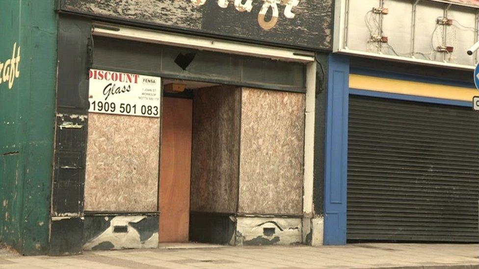 Boarded up shops in Worksop