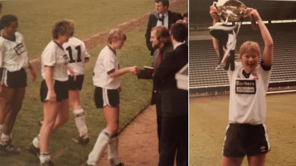 Lori Hoey receives a medal (left) and later lifts the trophy