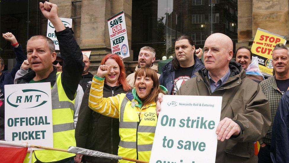 RMT general secretary Mick Lynch joins the picket line outside Newcastle Central station during a strike by members of the RMT union in July