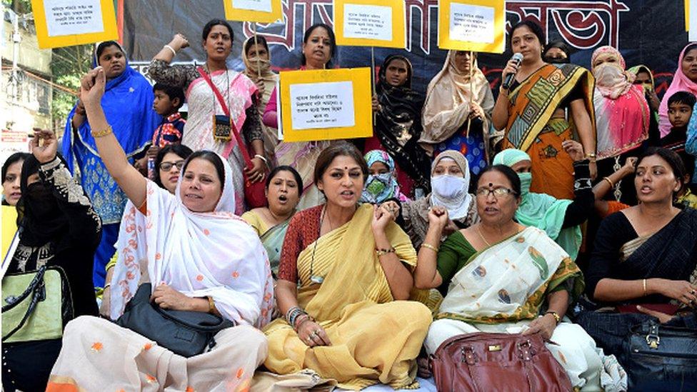 Roopa Ganguly (C) MP and President of West Bengal BJP Women Cell along Actress Loket Chatterjee, Supporting the efforts for imposition of Uniform Civil Code and agitating over the triple talaq, Bharatiya Janata Party (BJP) women's cell- BJP Mahila Morcha- held a rally on November 18, 2016 in Kolkata, India.