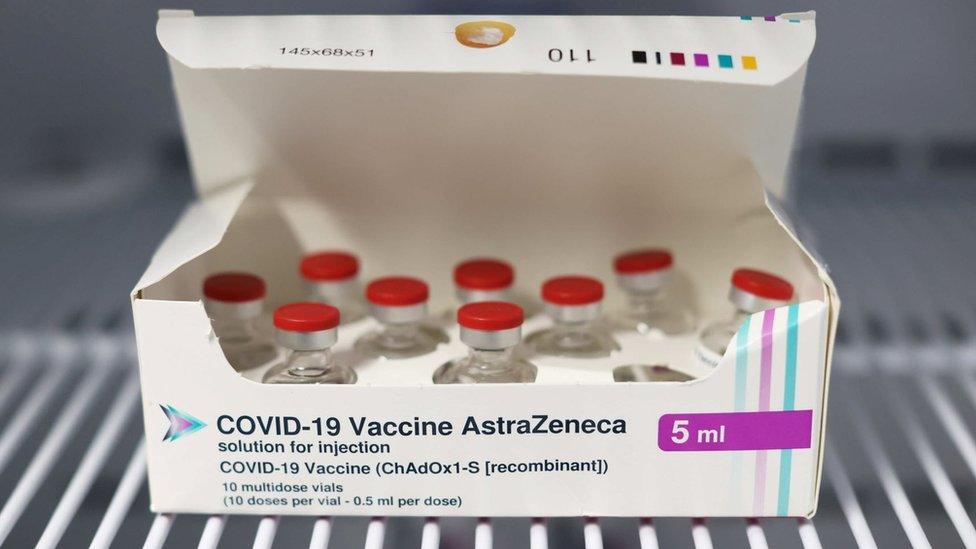 AstraZeneca vaccine doses in a fridge at a GP surgery in west Belfast