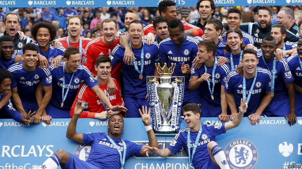 Chelsea lifting Premier League trophy in May 2015