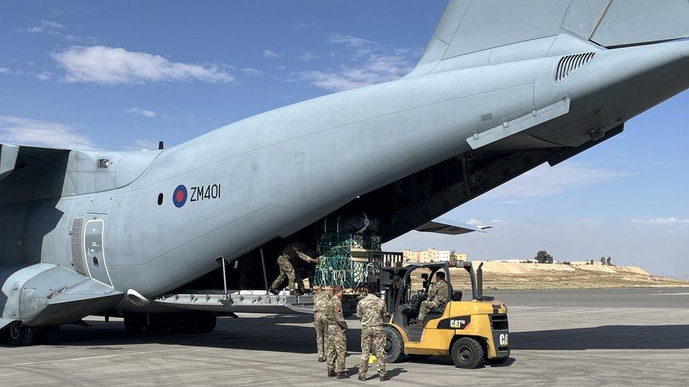 Transport plane waiting on tarmac at an airbase east of Amman