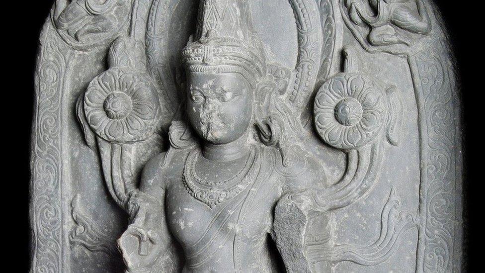 Stele carved from black chlorite representing Surya, the Hindu deity of the sun