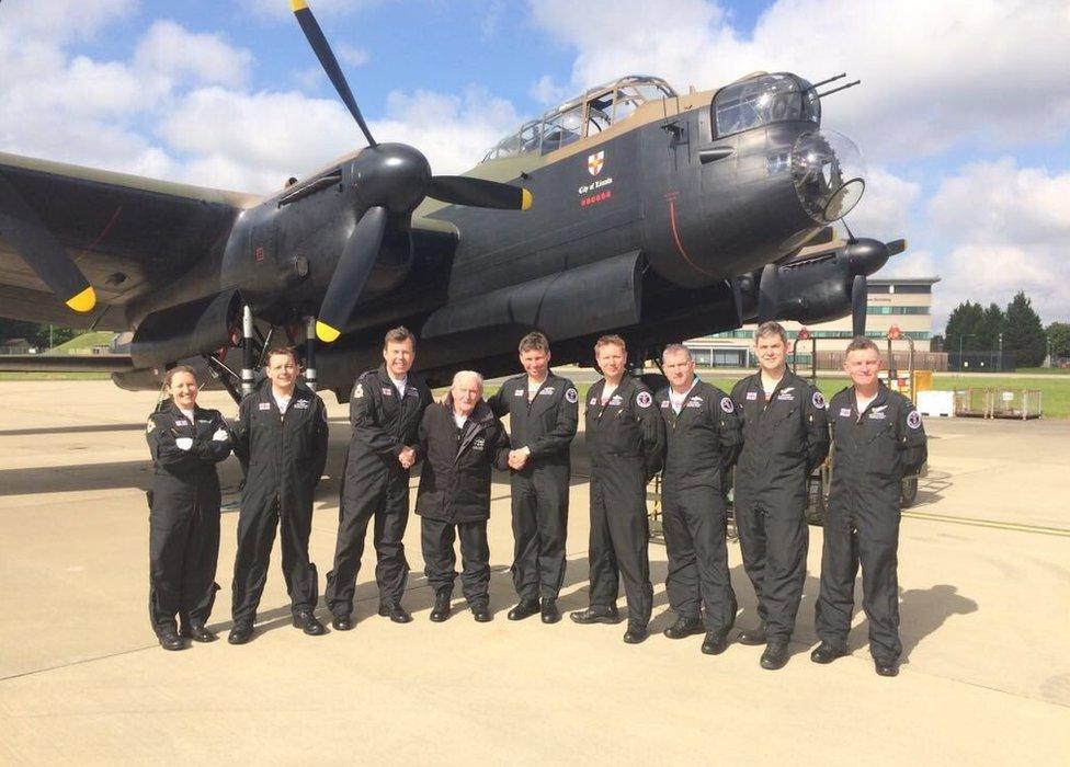 Battle of Britain Memorial Flight members after landing with George "Johnny" Johnson