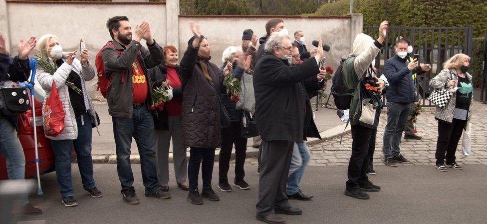 Visitors honouring Soviet war dead