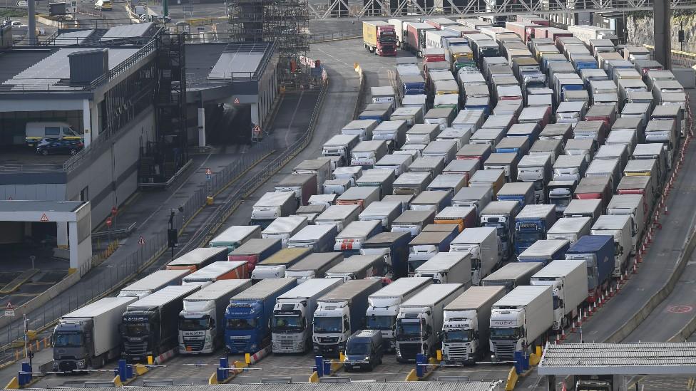 Freight lorries are seen queuing as they wait to enter the port of Dover yesterday