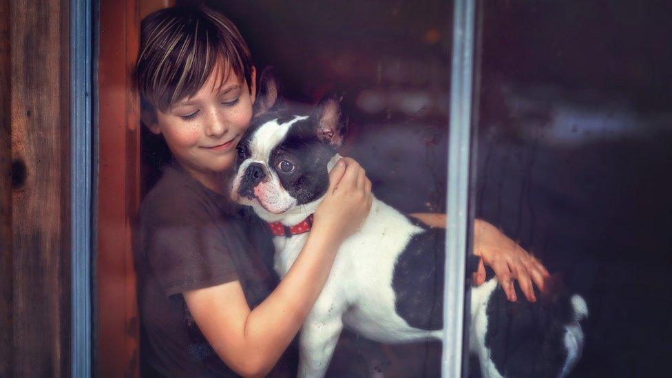 Boy with dog inside.