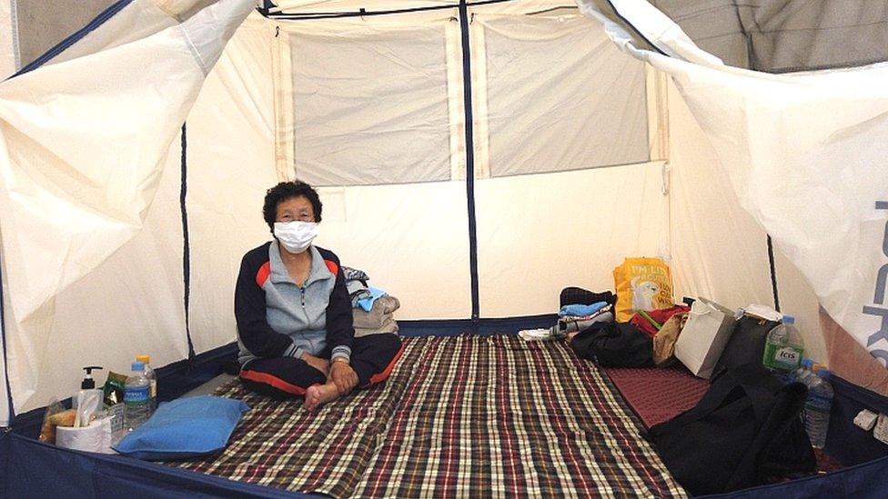 Kwon Cha-soon at a makeshift shelter for flood victims at a gym in Anseong , South Korea, August 5, 2020