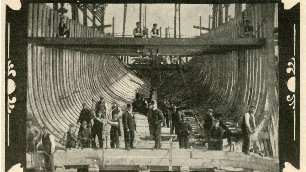 The English Vessel, "Discovery", On The Stocks', 1901. The last traditional wooden three-masted barque to be built in the United Kingdom. Built by the Dundee Shipbuilders Company. From "The Harmsworth Magazine, Volume VI. February 1901-July 1901", by [Harmsworth Bros, Limited, London, 1901]. Artist Unknown. (Photo by The Print Collector/Getty Images)