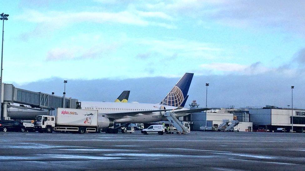 A United Airlines flight from Belfast International Airport is prepared for departure