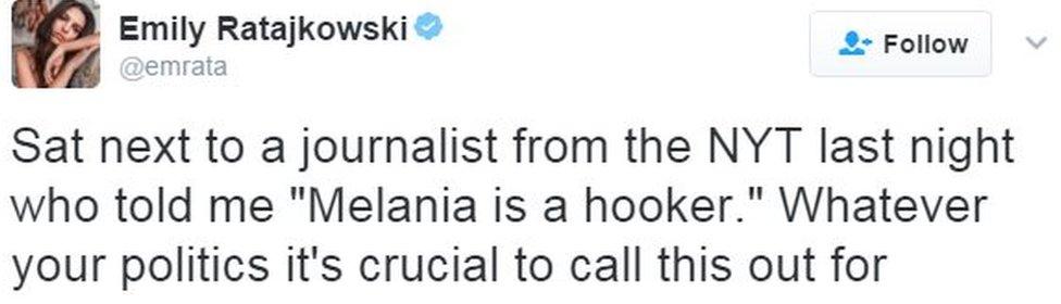 Tweet from Emily Ratajkowski says: Sat next to a journalist from the NYT last night who told me "Melania is a hooker." Whatever your politics it's crucial to call this out for