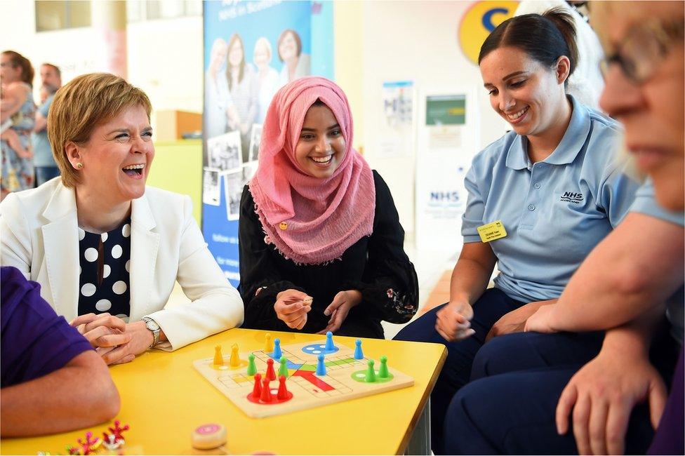 Scotland's First Minister Nicola Sturgeon meets NHS staff and patients at the Royal Hospital for Children in Glasgow