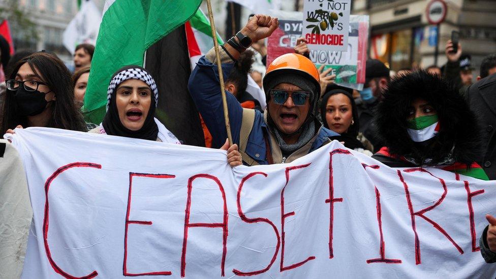 Demonstrators in central London protest in solidarity with Palestinians in Gaza