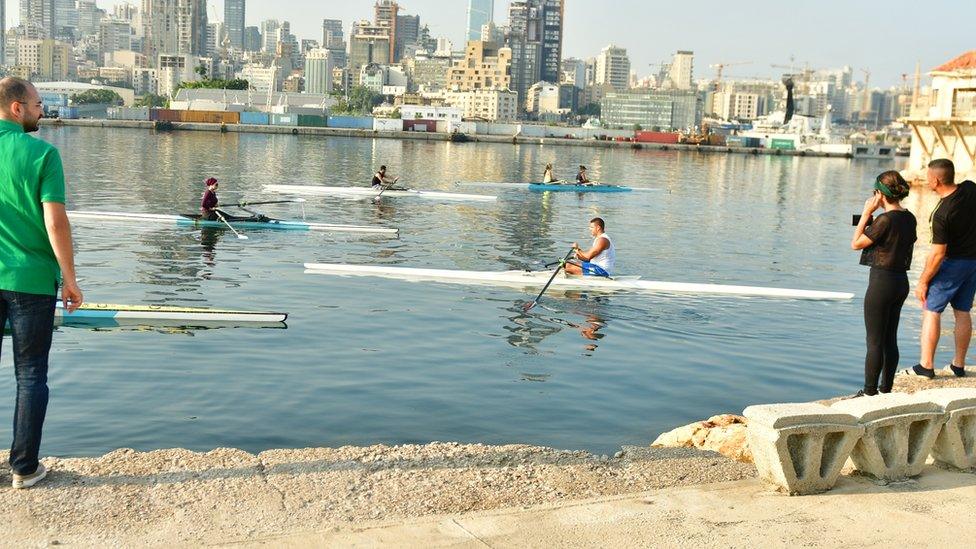 Rowers from the Lebanese Rowing Federation train in Beirut