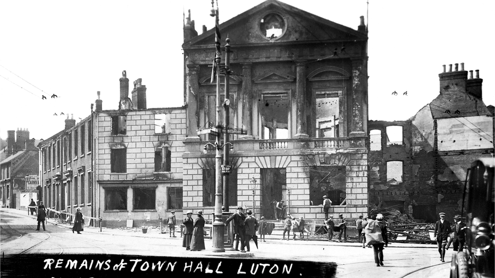 Burnt Luton Town Hall