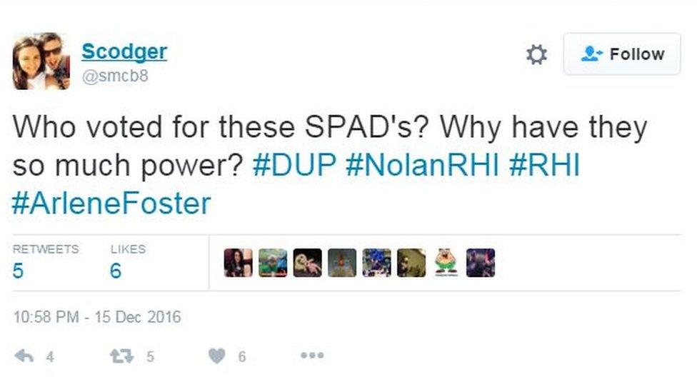 Tweet from Scodger: Who voted for these SPAD's? Why have they so much power? #DUP #NolanRHI #RHI #ArleneFoster