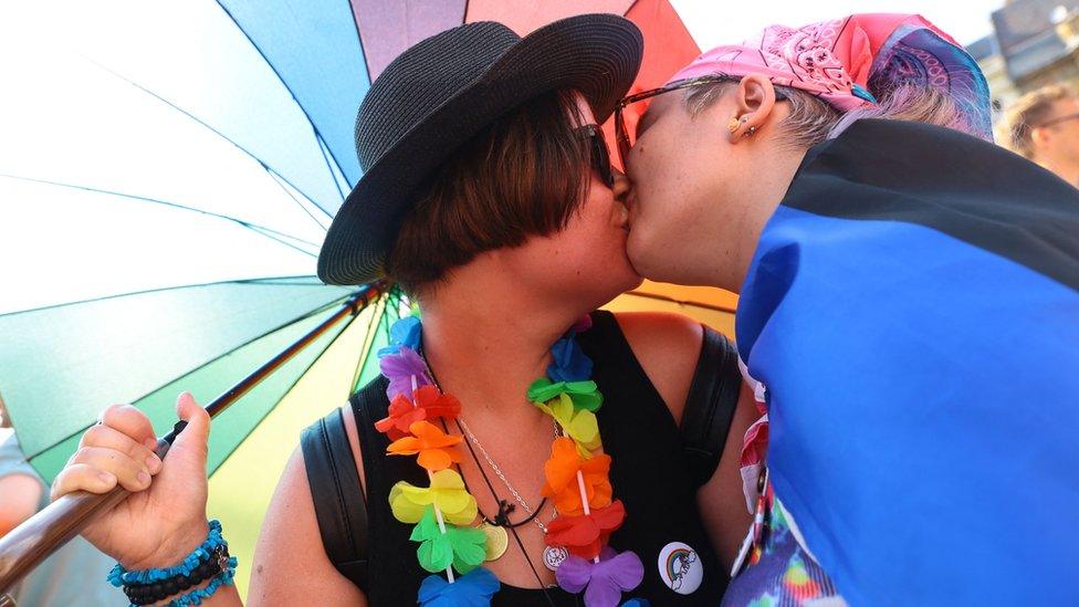 Participants in the lesbian, gay, bisexual and transgender (LGBT) Pride Parade in Budapest on July 24, 2021.