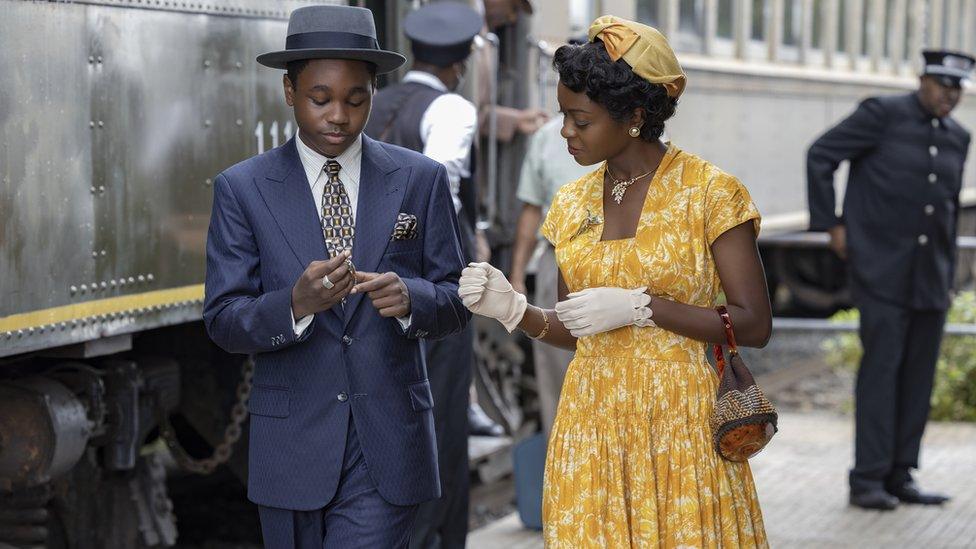 Jalyn Hall as Emmett Till and Danielle Deadwyler as Mamie Till Bradley in Till