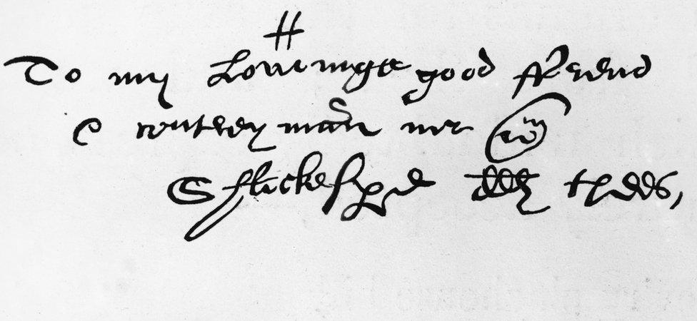 An elaborate and antiquated script addressed to William Shakespeare in 1598 by his friend Richard Quiney. It is so different from modern script that some readers may not be able to figure out its meaning