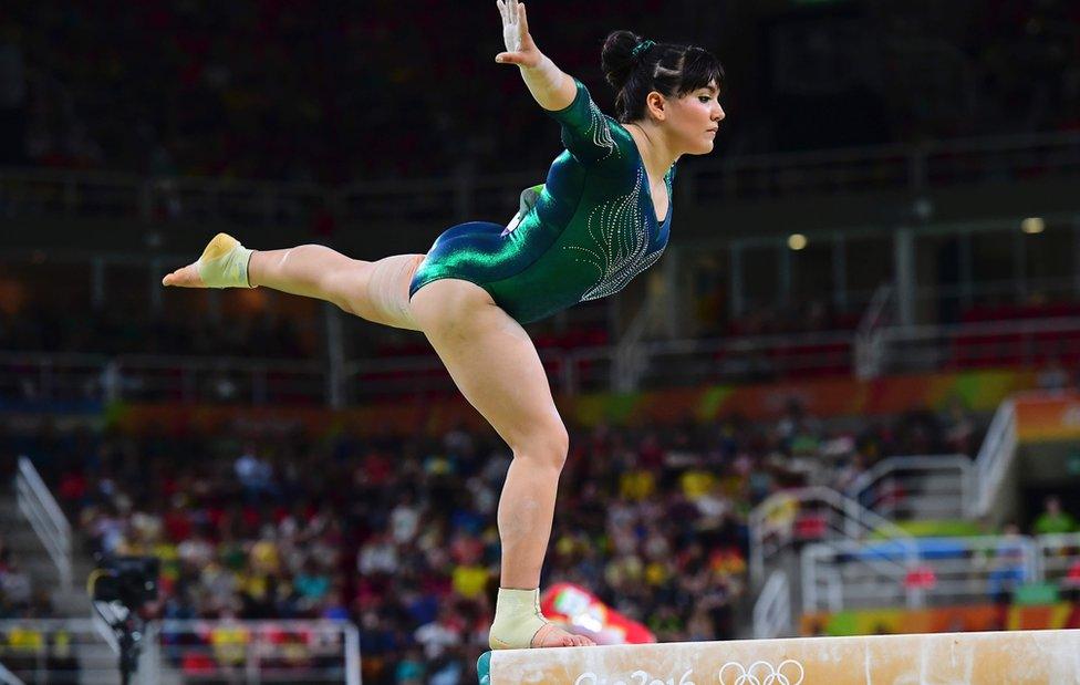 Gymnast Alexa Moreno on a balance beam, 8 August